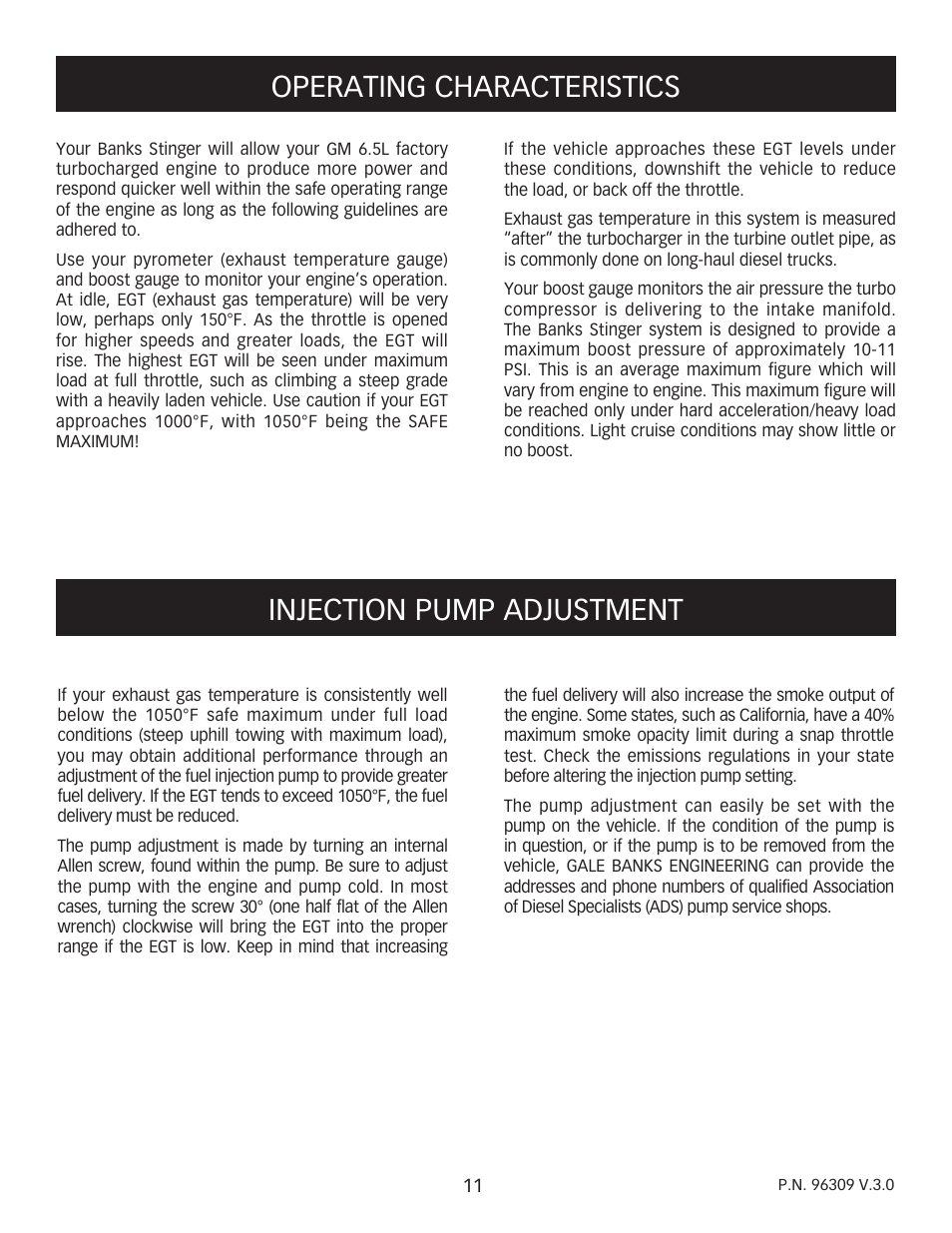 Operating characteristics, Injection pump adjustment | Banks Power Chevy_GMC Trucks: Diesel ’93 - 96 6.5L Power Systems- Stinger System '93-early '94 (non-cat) & '94-up ( w_ cat) Pickups & Suburbans w_ factory turbo option User Manual | Page 11 / 16