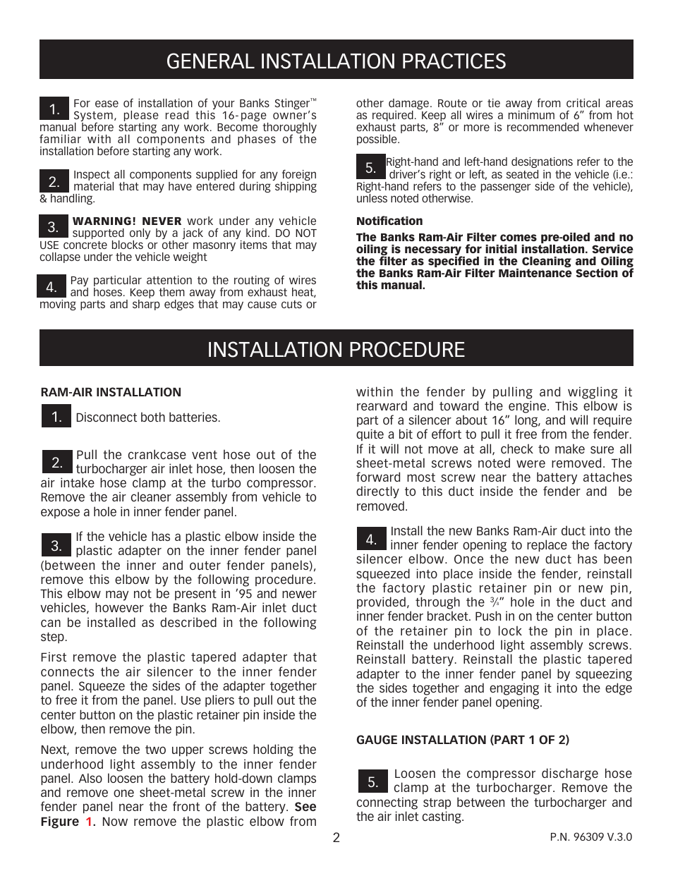 Installation procedure, General installation practices | Banks Power Chevy_GMC Trucks: Diesel ’93 - 96 6.5L Power Systems- Stinger System '93-early '94 (non-cat) & '94-up ( w_ cat) Pickups & Suburbans w_ factory turbo option User Manual | Page 2 / 16