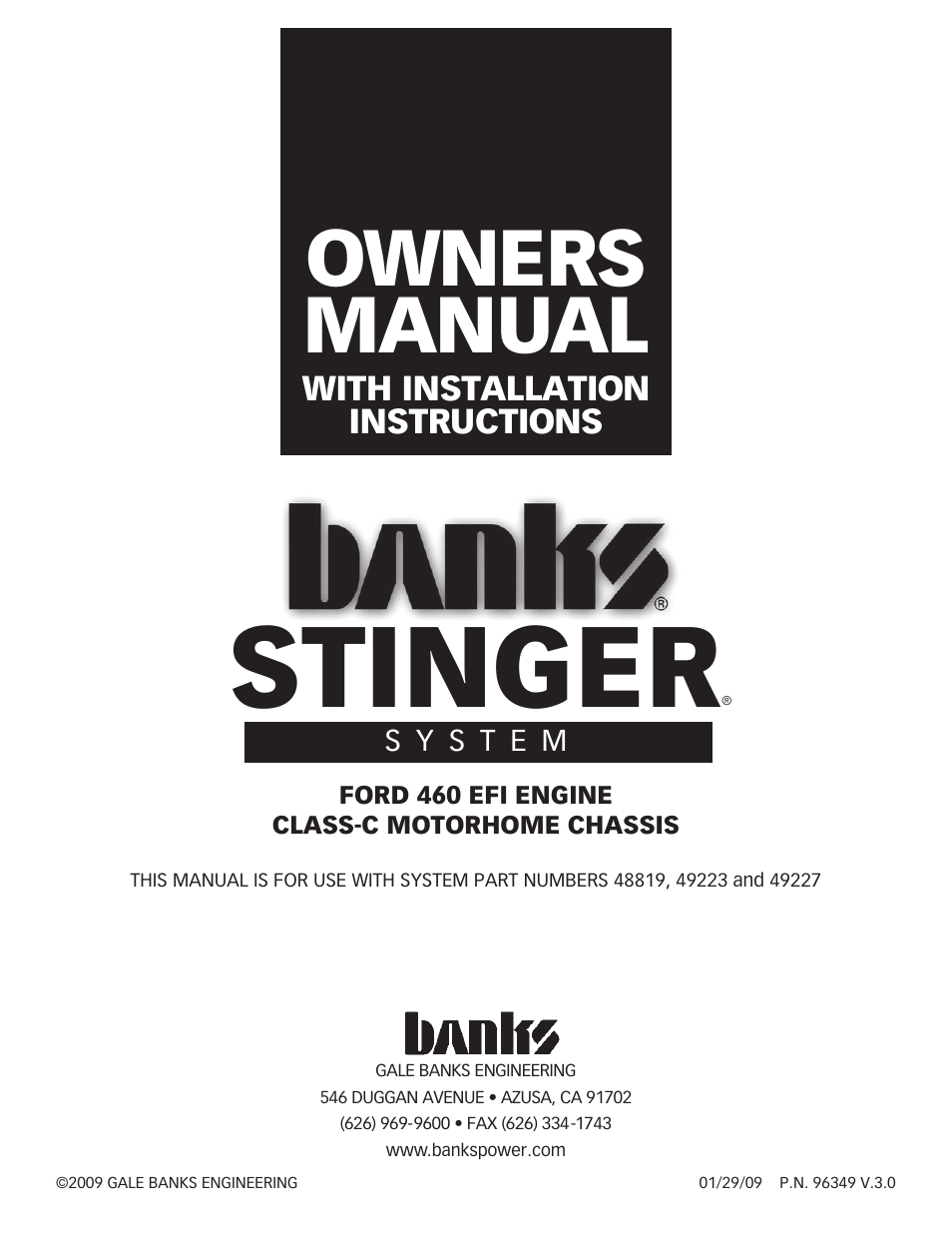 Banks Power Ford Motorhomes: (Gas ’93 - 97 7.5L Class-C) Power Systems- Stinger system (Class-C) For Use w_ 460 EFI Engine User Manual | 8 pages