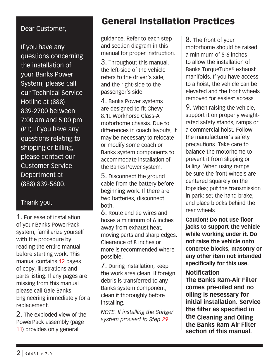 General installation practices | Banks Power GM Motorhomes: (Gas ’01 - 10 8.1L Workhorse) PowerPack &Stinger systems '00-07 Class-A MH, W-series User Manual | Page 2 / 12
