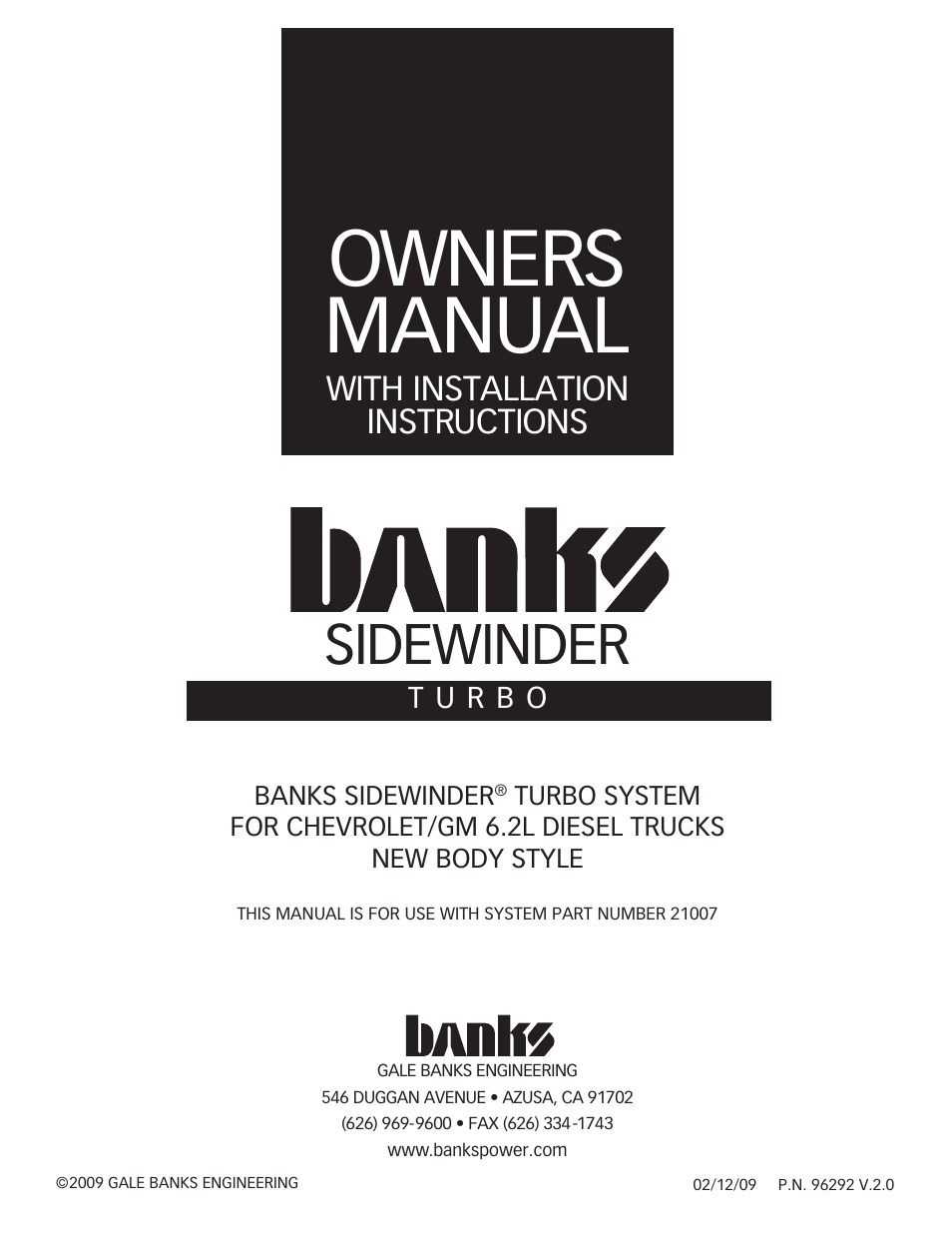 Banks Power Chevy_GMC Trucks: Diesel ’82 - 93 6.2L Forced Induction- Sidewinder Turbo System (late-body) User Manual | 24 pages