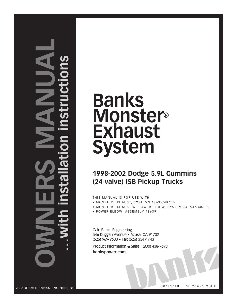 Banks Power Dodge Trucks: (Diesel ’98 - 02 5.9L Cummins ISB) Exhaust- Monster Exhaust '98-02 User Manual | 8 pages