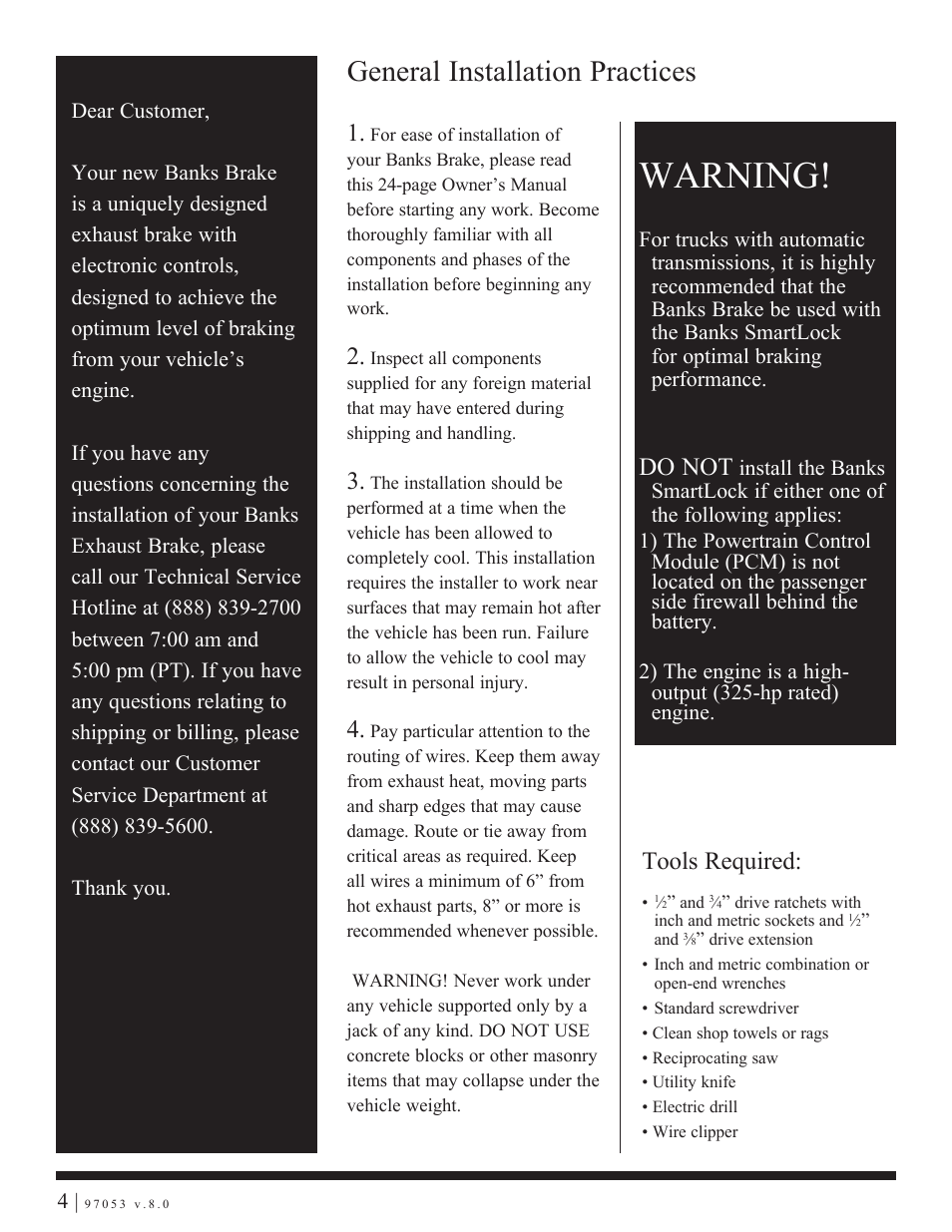 Warning, General installation practices, Tools required | Do not | Banks Power Dodge Trucks: (Diesel ’03 - 07 5.9L Cummins) Speed Control- Banks Exhaust Brake '03-early 04 User Manual | Page 4 / 27