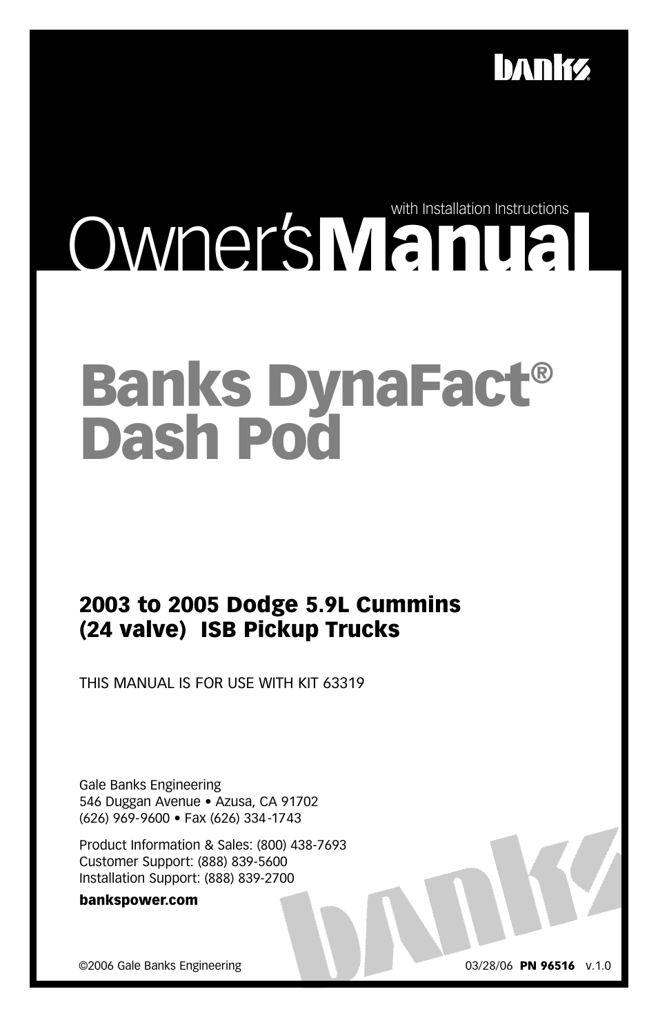 Banks Power DynaFact Dash Pod '03-05 Dodge 5.9L Cummins Truck User Manual | 8 pages