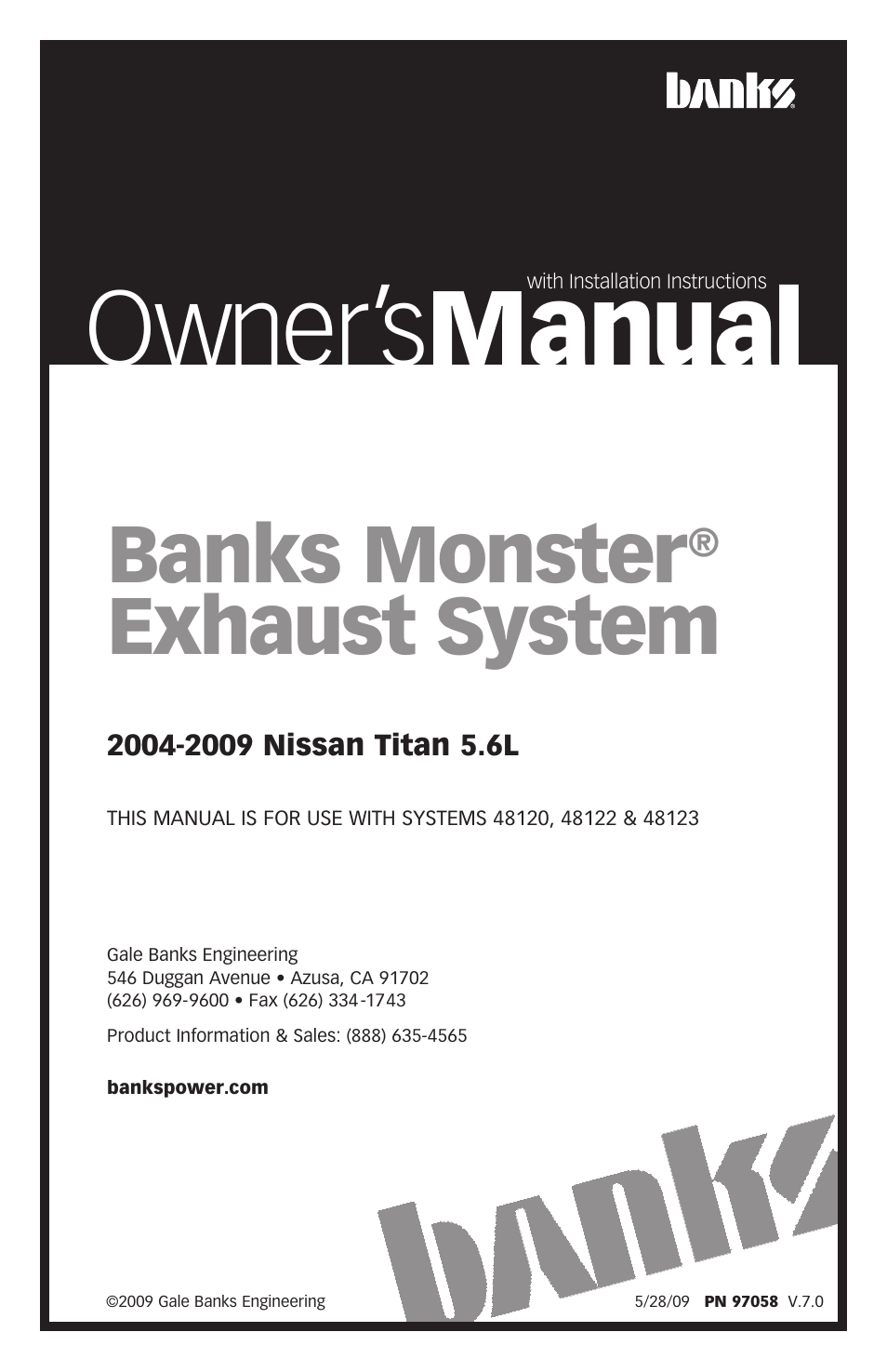 Banks Power Nissan Trucks: (Gas ’04 - 11 5.6L Titan) Exhaust- Monster Exhaust, Single Passenger side exit '04-09 User Manual | 12 pages