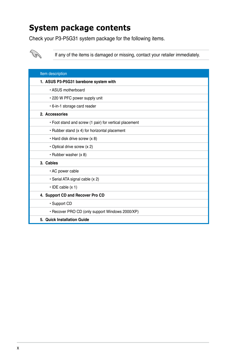 System package contents | Asus P3-P5G31 User Manual | Page 10 / 100