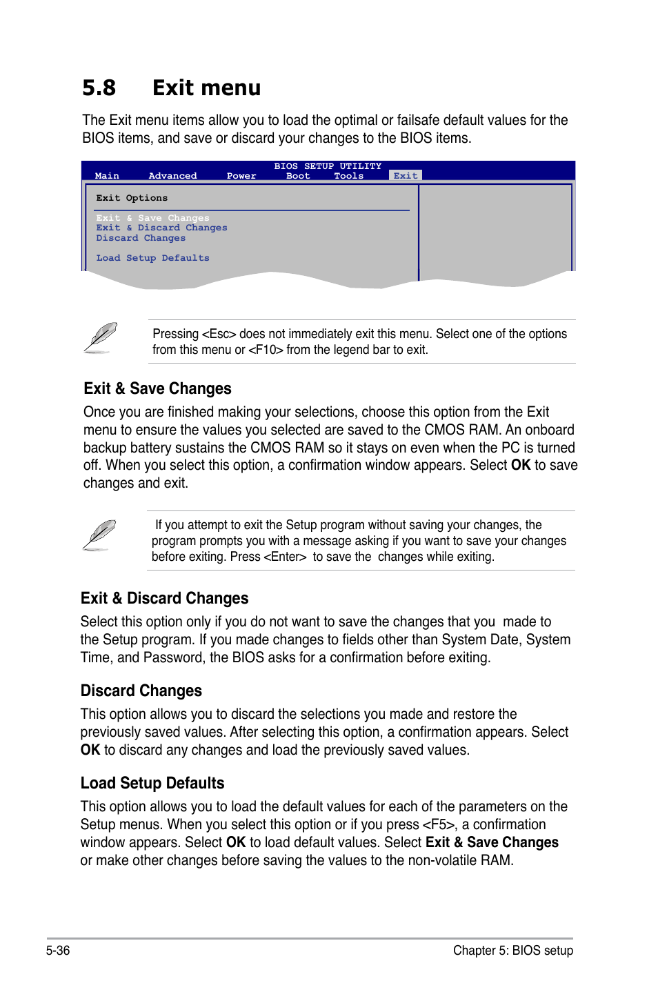 8 exit menu, Exit & discard changes, Discard changes | Load setup defaults, Exit & save changes | Asus P3-P5G31 User Manual | Page 100 / 100