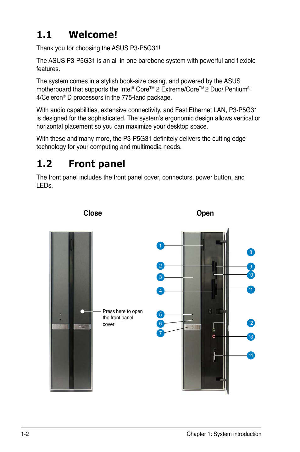 1 welcome, 2 front panel, Close open | Asus P3-P5G31 User Manual | Page 12 / 100