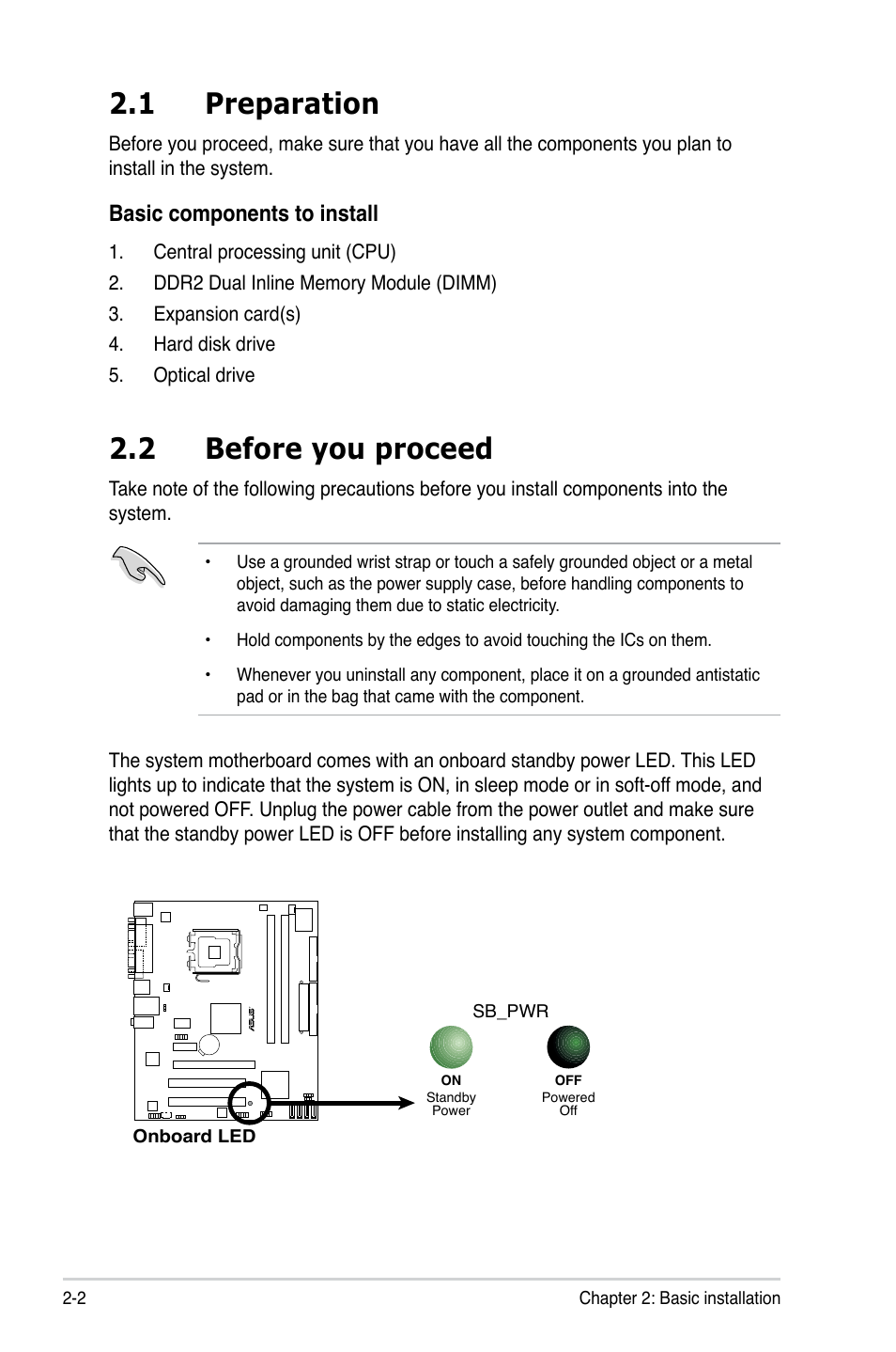 1 preparation, 2 before you proceed, Basic components to install | Asus P3-P5G31 User Manual | Page 18 / 100