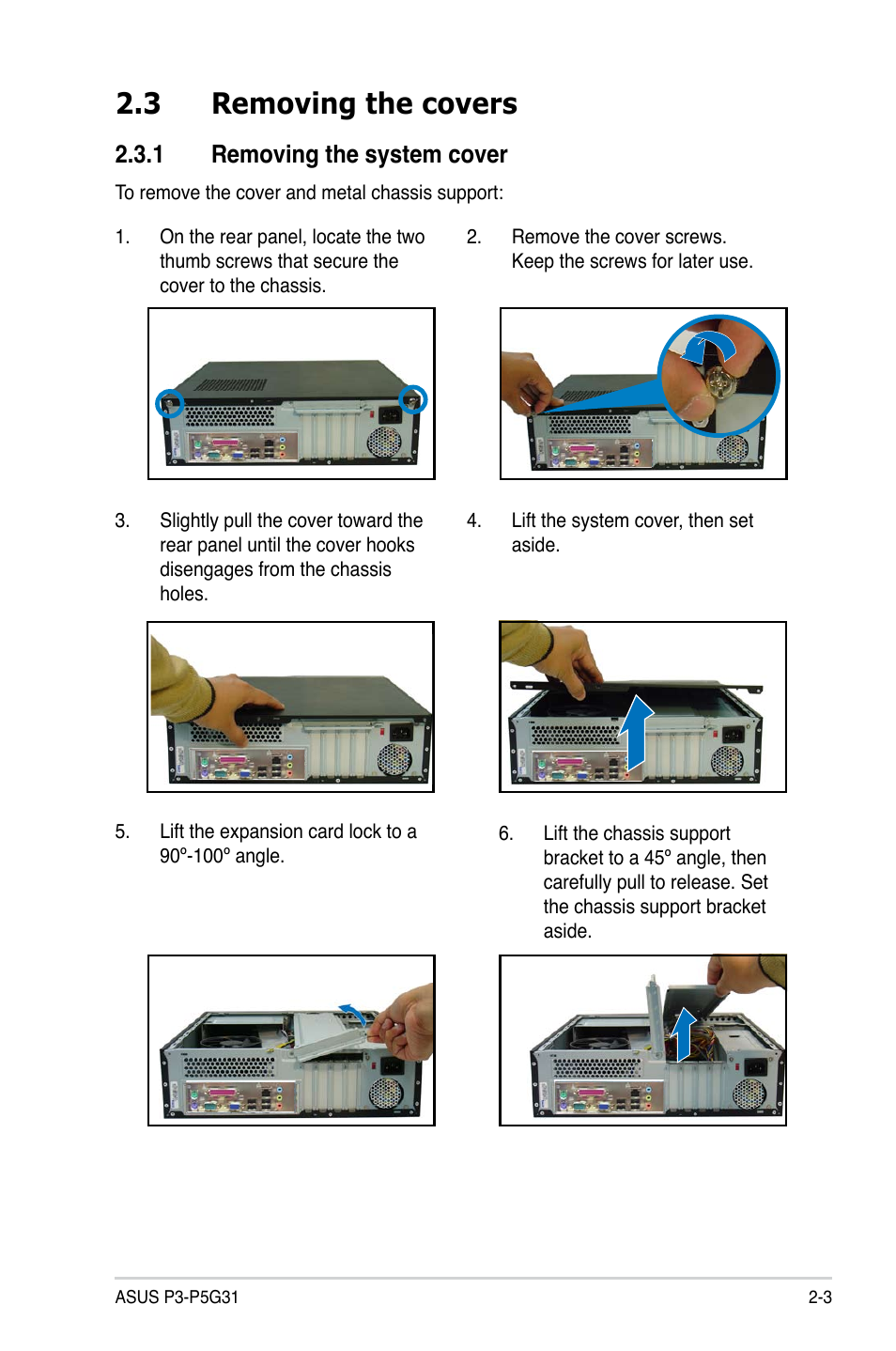 3 removing the covers, 1 removing the system cover | Asus P3-P5G31 User Manual | Page 19 / 100