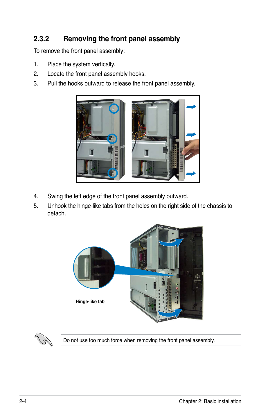 2 removing the front panel assembly | Asus P3-P5G31 User Manual | Page 20 / 100