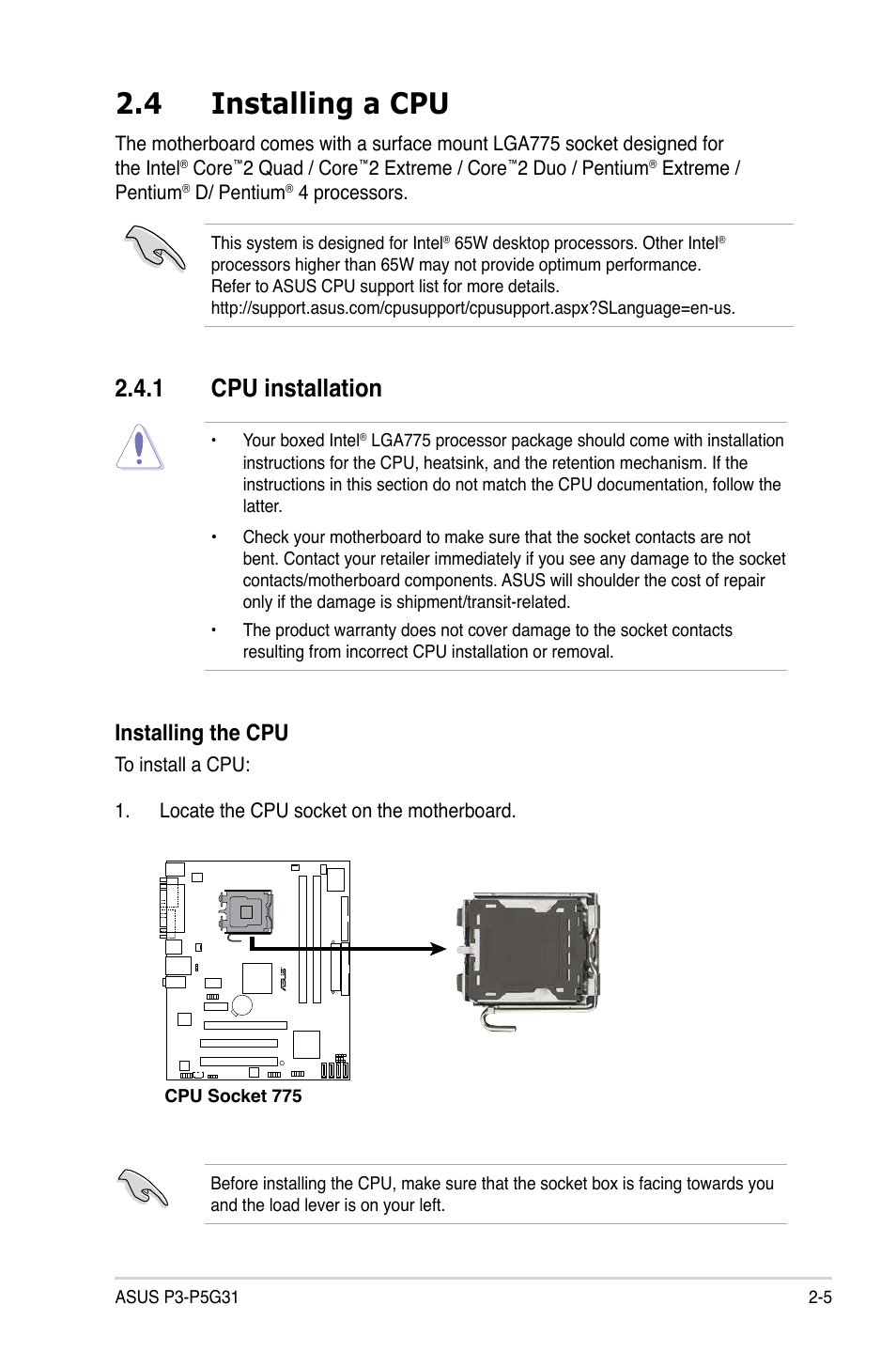 4 installing a cpu, 1 cpu installation, Installing the cpu | Asus P3-P5G31 User Manual | Page 21 / 100