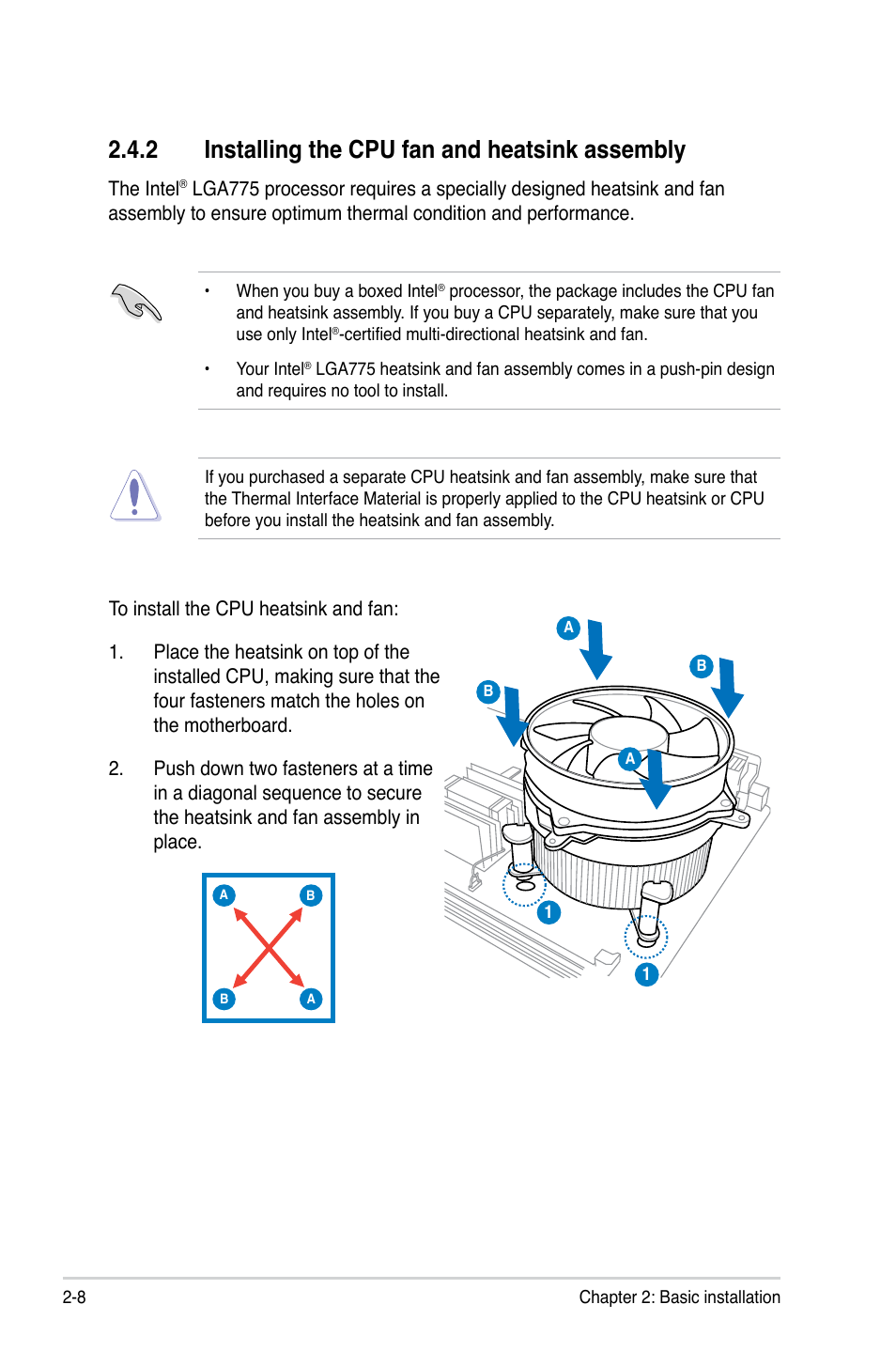 2 installing the cpu fan and heatsink assembly | Asus P3-P5G31 User Manual | Page 24 / 100