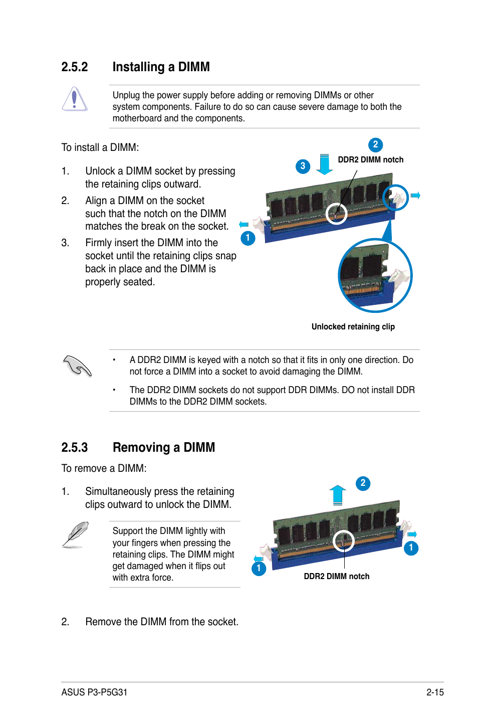 2 installing a dimm, 3 removing a dimm | Asus P3-P5G31 User Manual | Page 31 / 100