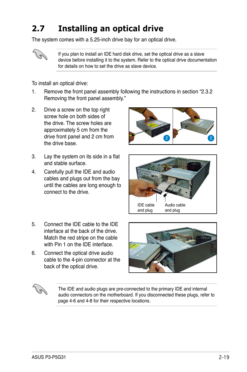 7 installing an optical drive | Asus P3-P5G31 User Manual | Page 35 / 100