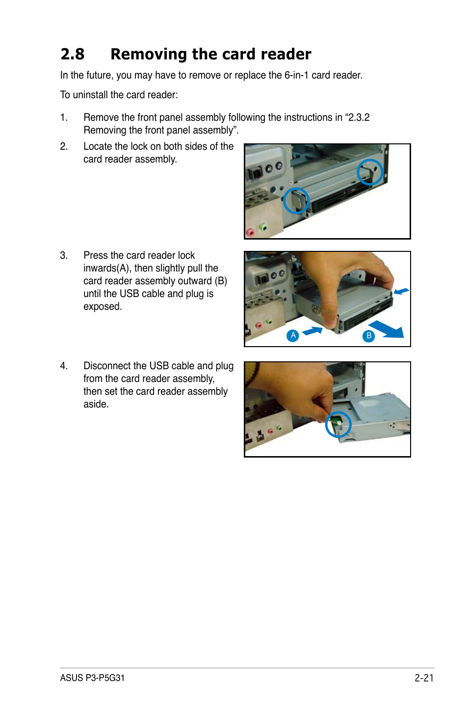 8 removing the card reader | Asus P3-P5G31 User Manual | Page 37 / 100