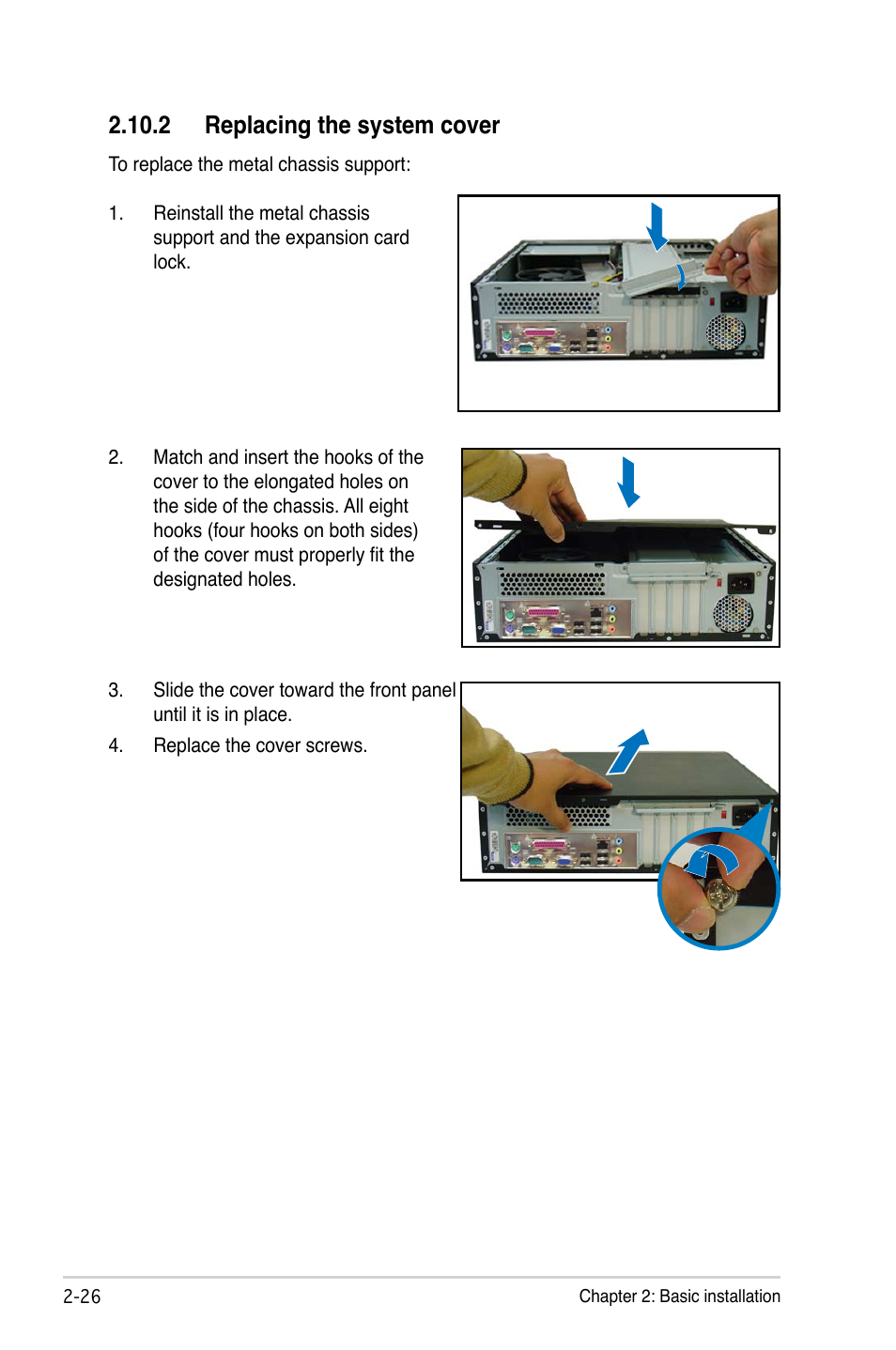 2 replacing the system cover | Asus P3-P5G31 User Manual | Page 42 / 100