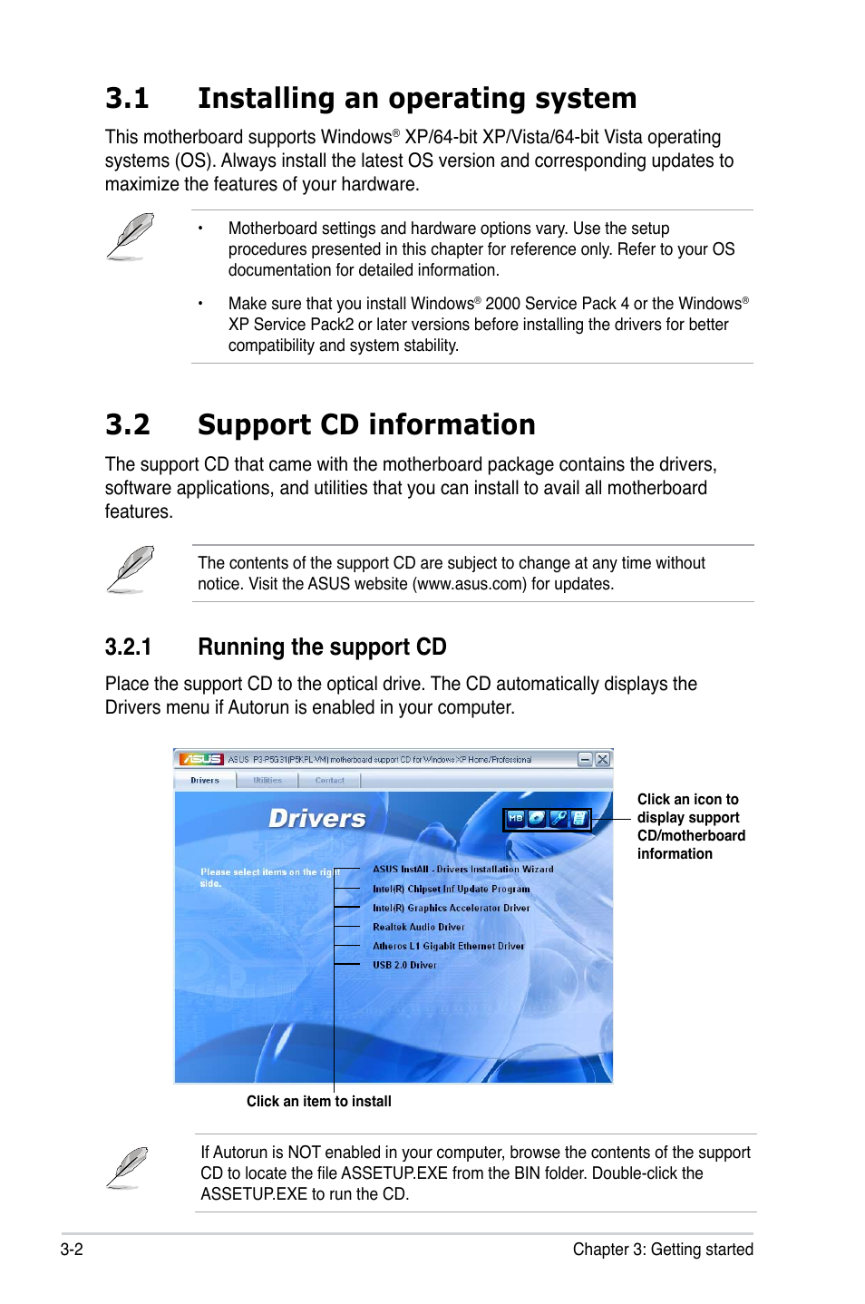 1 installing an operating system, 2 support cd information, 1 running the support cd | Asus P3-P5G31 User Manual | Page 46 / 100