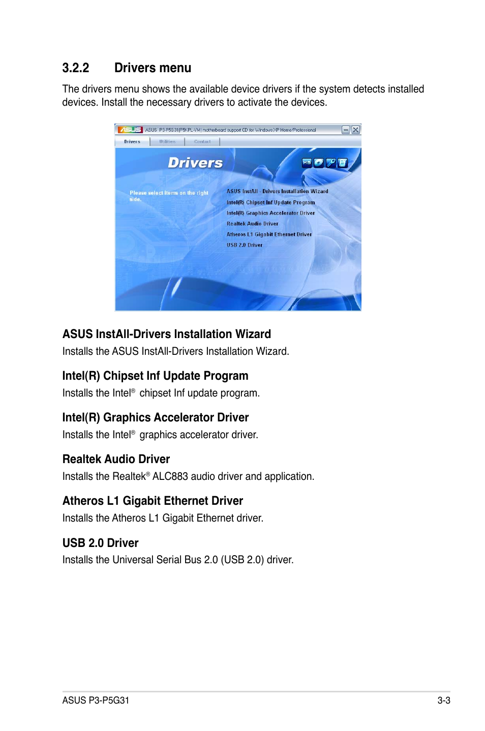 2 drivers menu | Asus P3-P5G31 User Manual | Page 47 / 100