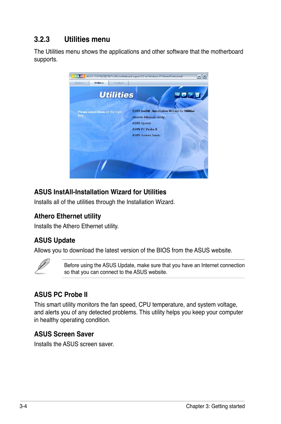 3 utilities menu | Asus P3-P5G31 User Manual | Page 48 / 100