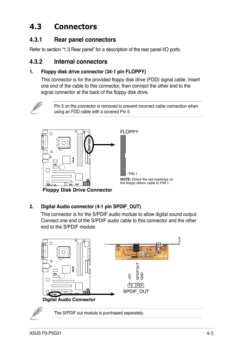 3 connectors, 1 rear panel connectors, 2 internal connectors | Asus P3-P5G31 User Manual | Page 57 / 100