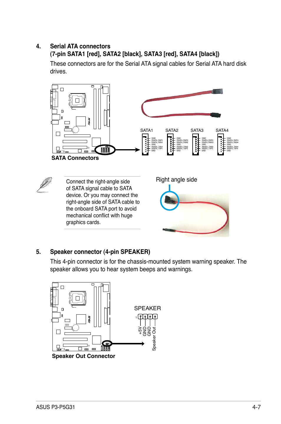 Right angle side, Sata connectors, Speaker out connector speaker | Asus P3-P5G31 User Manual | Page 59 / 100