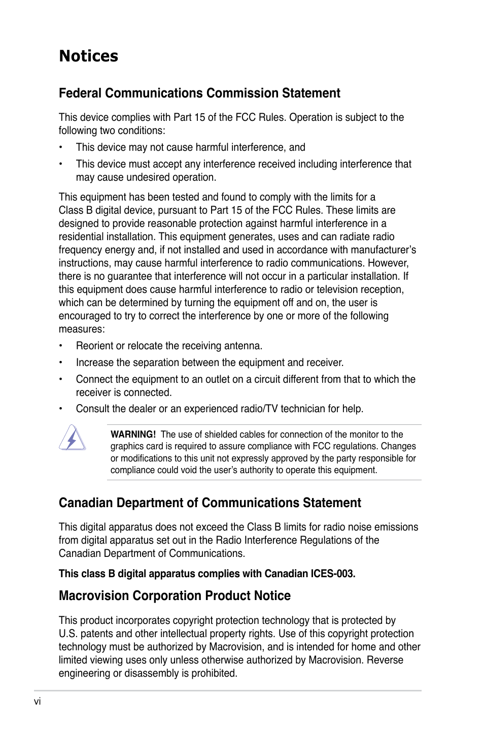 Notices, Federal communications commission statement, Canadian department of communications statement | Macrovision corporation product notice | Asus P3-P5G31 User Manual | Page 6 / 100