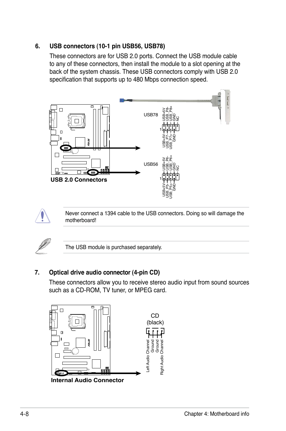 8 chapter 4: motherboard info, Internal audio connector cd (black), Usb 2.0 connectors | The usb module is purchased separately | Asus P3-P5G31 User Manual | Page 60 / 100