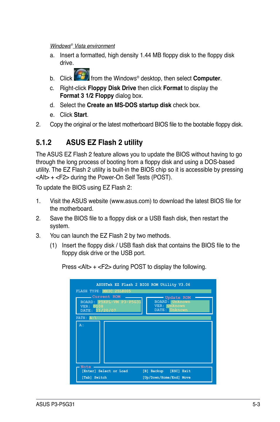 2 asus ez flash 2 utility | Asus P3-P5G31 User Manual | Page 67 / 100