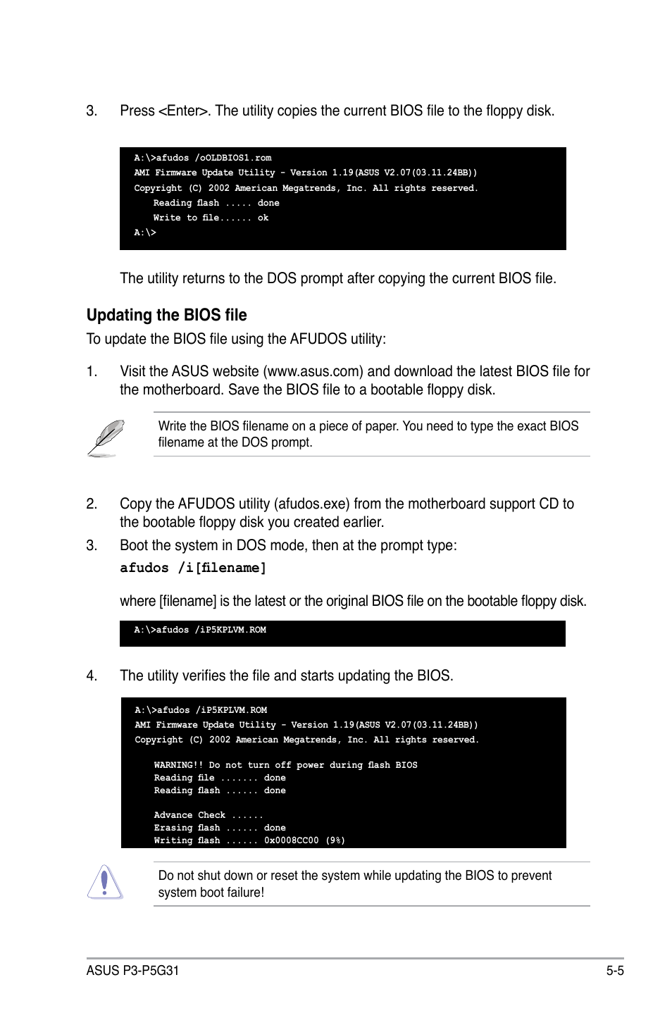 Updating the bios file | Asus P3-P5G31 User Manual | Page 69 / 100