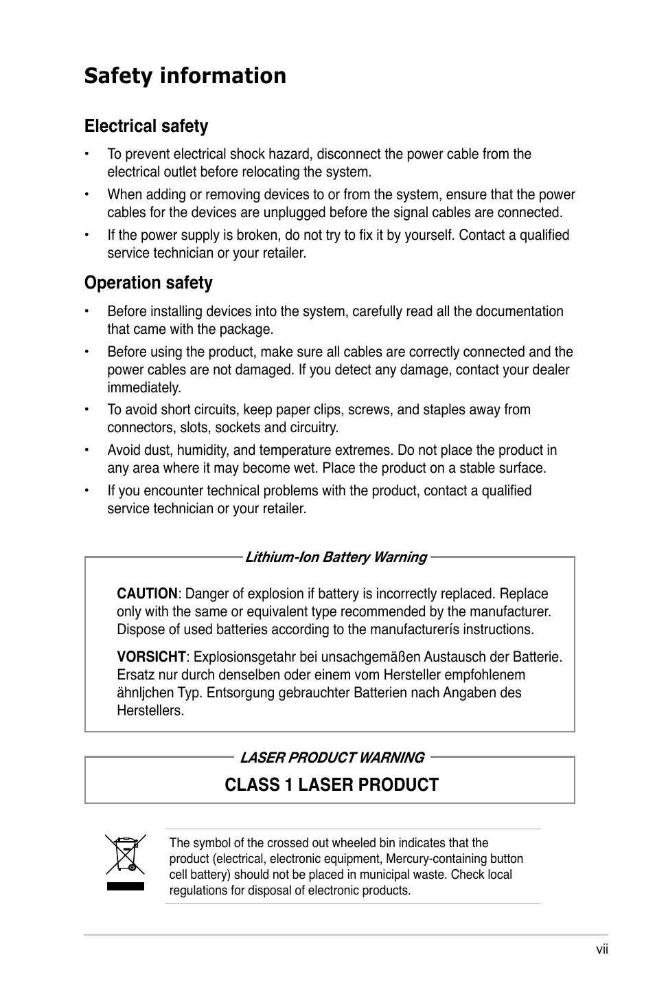 Safety information, Electrical safety, Operation safety | Class 1 laser product | Asus P3-P5G31 User Manual | Page 7 / 100