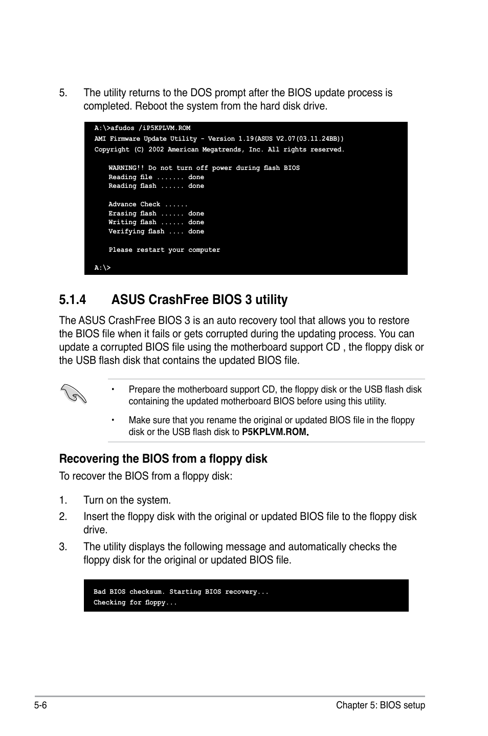 4 asus crashfree bios 3 utility, Recovering the bios from a floppy disk | Asus P3-P5G31 User Manual | Page 70 / 100