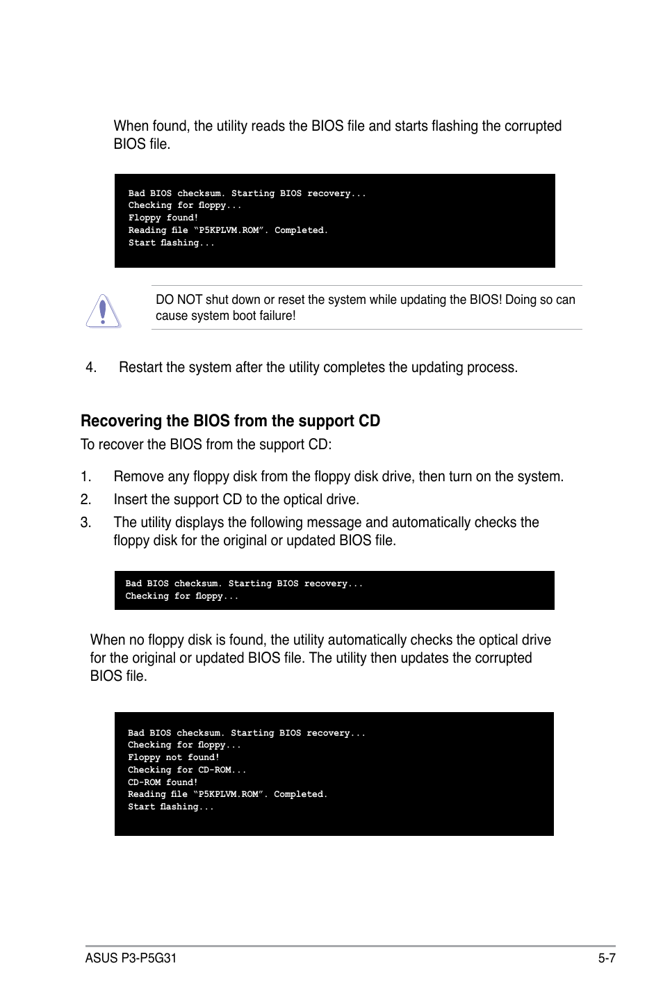 Recovering the bios from the support cd | Asus P3-P5G31 User Manual | Page 71 / 100