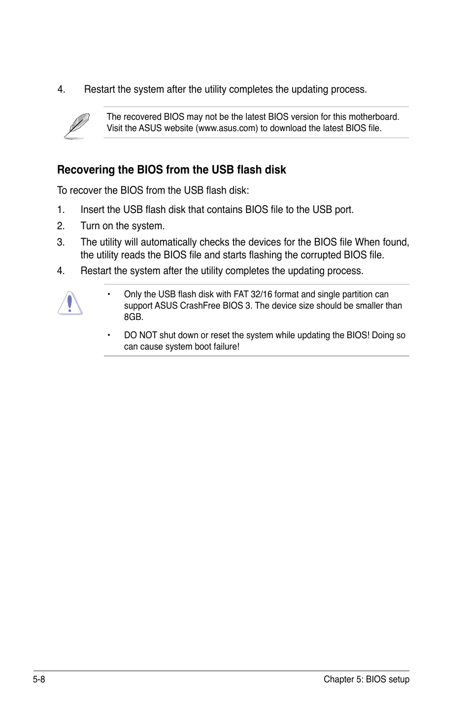 Recovering the bios from the usb flash disk | Asus P3-P5G31 User Manual | Page 72 / 100