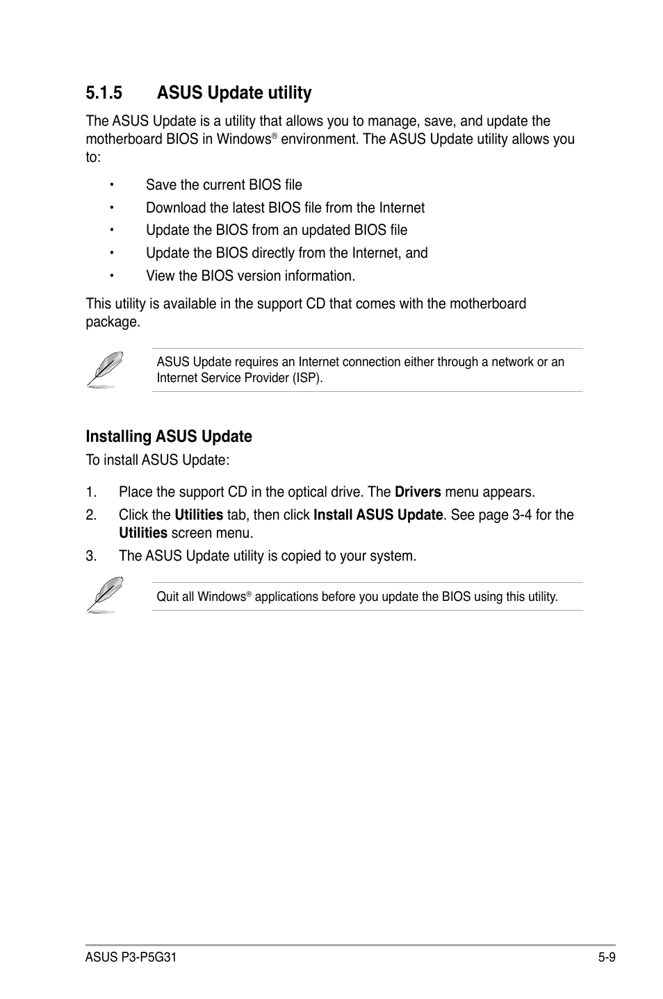 5 asus update utility, Installing asus update | Asus P3-P5G31 User Manual | Page 73 / 100