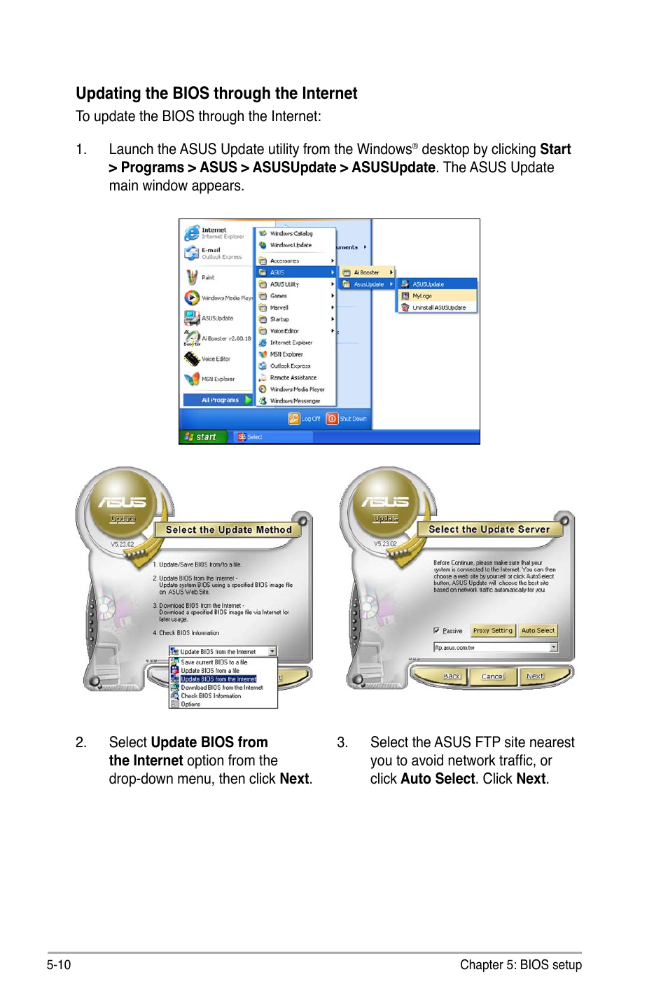 Updating the bios through the internet | Asus P3-P5G31 User Manual | Page 74 / 100