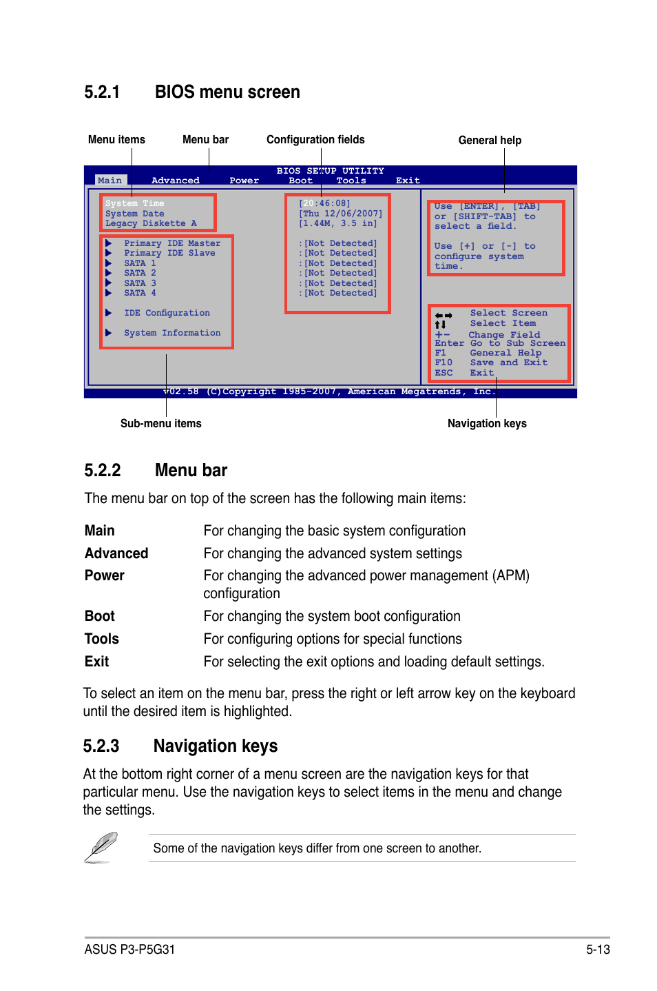 2 menu bar, 1 bios menu screen, 3 navigation keys | Asus P3-P5G31 User Manual | Page 77 / 100