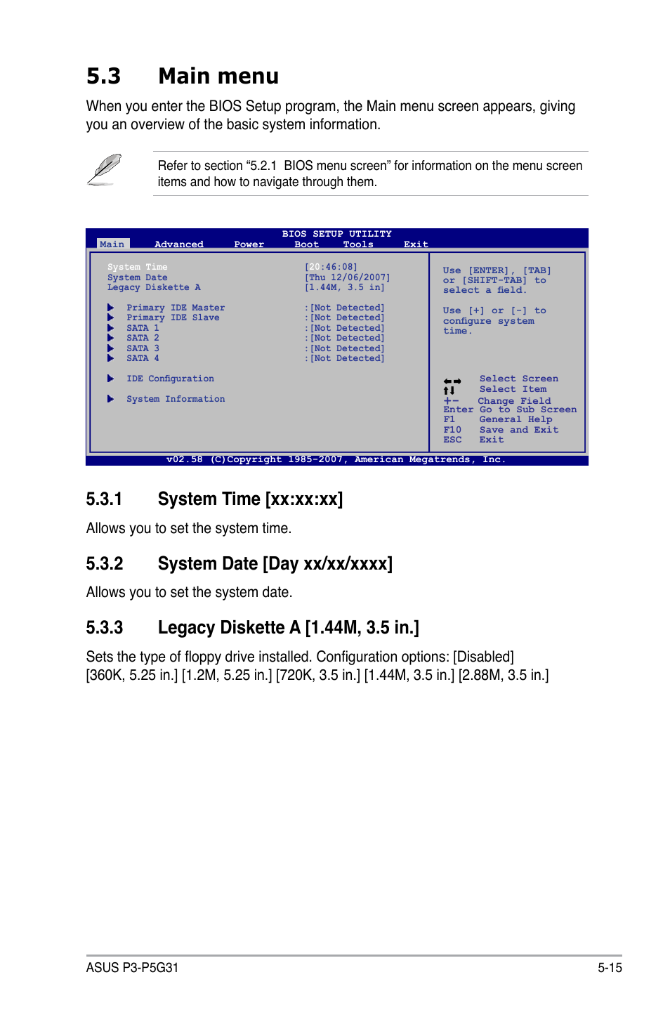 3 main menu, 1 system time [xx:xx:xx, Allows you to set the system time | Allows you to set the system date | Asus P3-P5G31 User Manual | Page 79 / 100