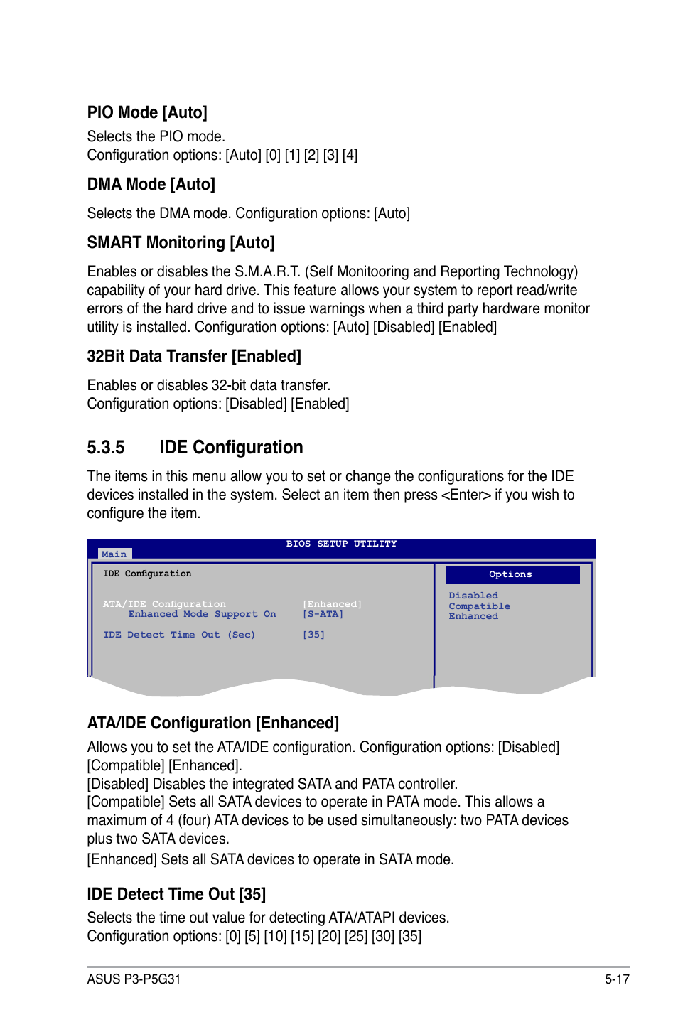 5 ide configuration, Pio mode [auto, Dma mode [auto | Smart monitoring [auto, 32bit data transfer [enabled, Ata/ide configuration [enhanced, Ide detect time out [35 | Asus P3-P5G31 User Manual | Page 81 / 100