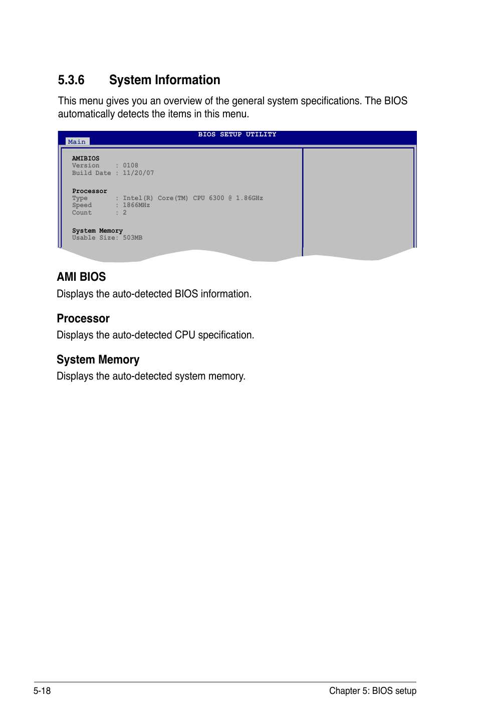 6 system information, Ami bios, Processor | Asus P3-P5G31 User Manual | Page 82 / 100