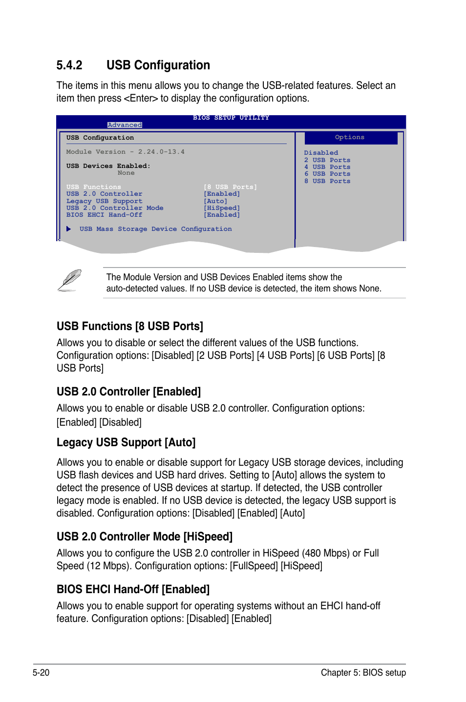 2 usb configuration, Usb functions [8 usb ports, Usb 2.0 controller [enabled | Legacy usb support [auto, Usb 2.0 controller mode [hispeed, Bios ehci hand-off [enabled | Asus P3-P5G31 User Manual | Page 84 / 100