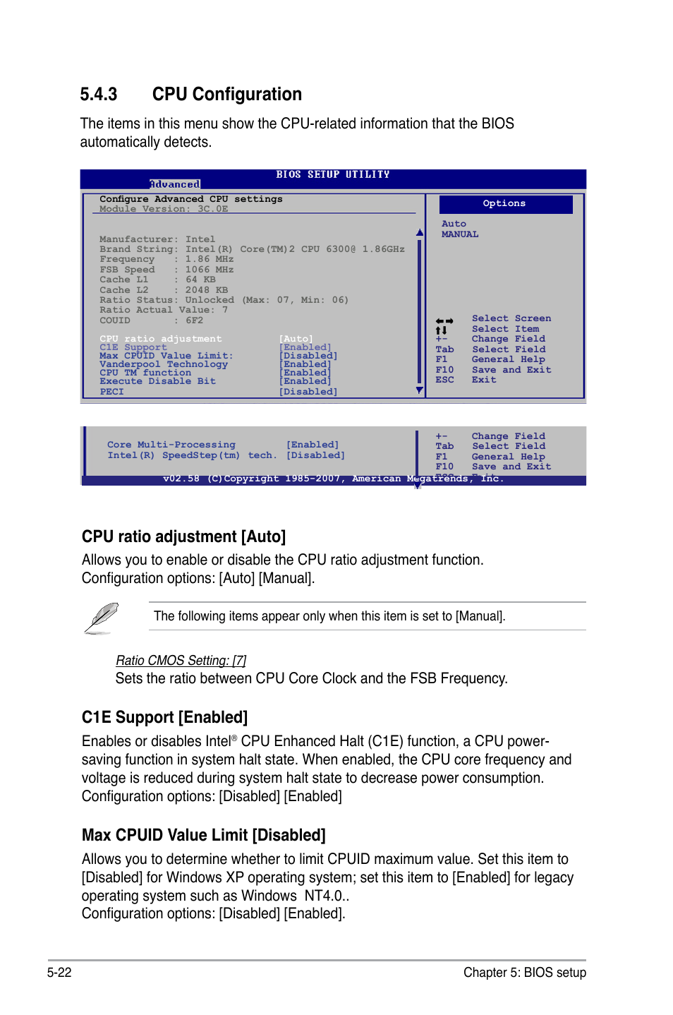 3 cpu configuration, Cpu ratio adjustment [auto, C1e support [enabled | Max cpuid value limit [disabled, Enables or disables intel | Asus P3-P5G31 User Manual | Page 86 / 100