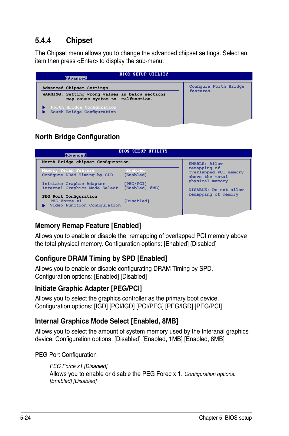 4 chipset, Configure dram timing by spd [enabled, Initiate graphic adapter [peg/pci | Internal graphics mode select [enabled, 8mb, Allows you to enable or disable the peg forec x 1 | Asus P3-P5G31 User Manual | Page 88 / 100