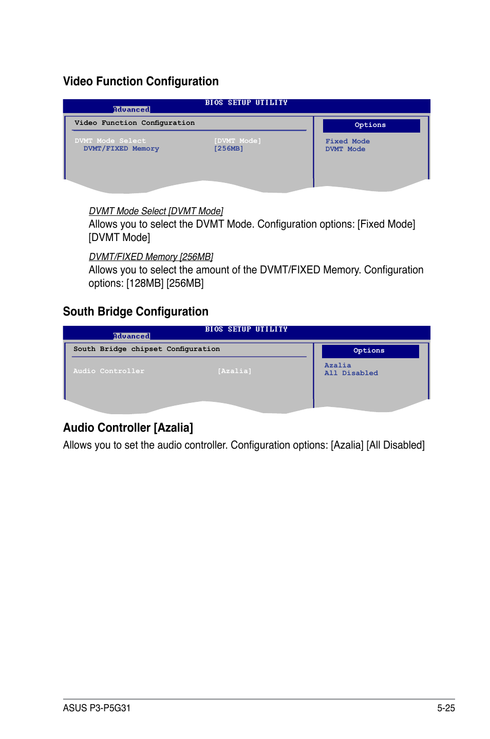 Video function configuration, South bridge configuration, Audio controller [azalia | Asus P3-P5G31 User Manual | Page 89 / 100