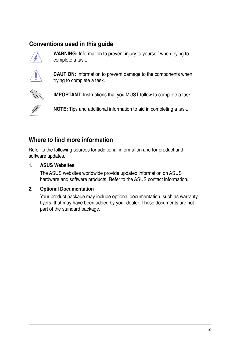 Conventions used in this guide, Where to find more information | Asus P3-P5G31 User Manual | Page 9 / 100