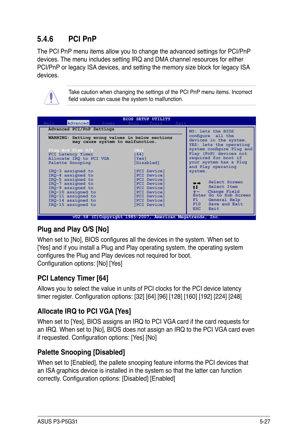 6 pci pnp, Plug and play o/s [no, Pci latency timer [64 | Allocate irq to pci vga [yes, Palette snooping [disabled | Asus P3-P5G31 User Manual | Page 91 / 100