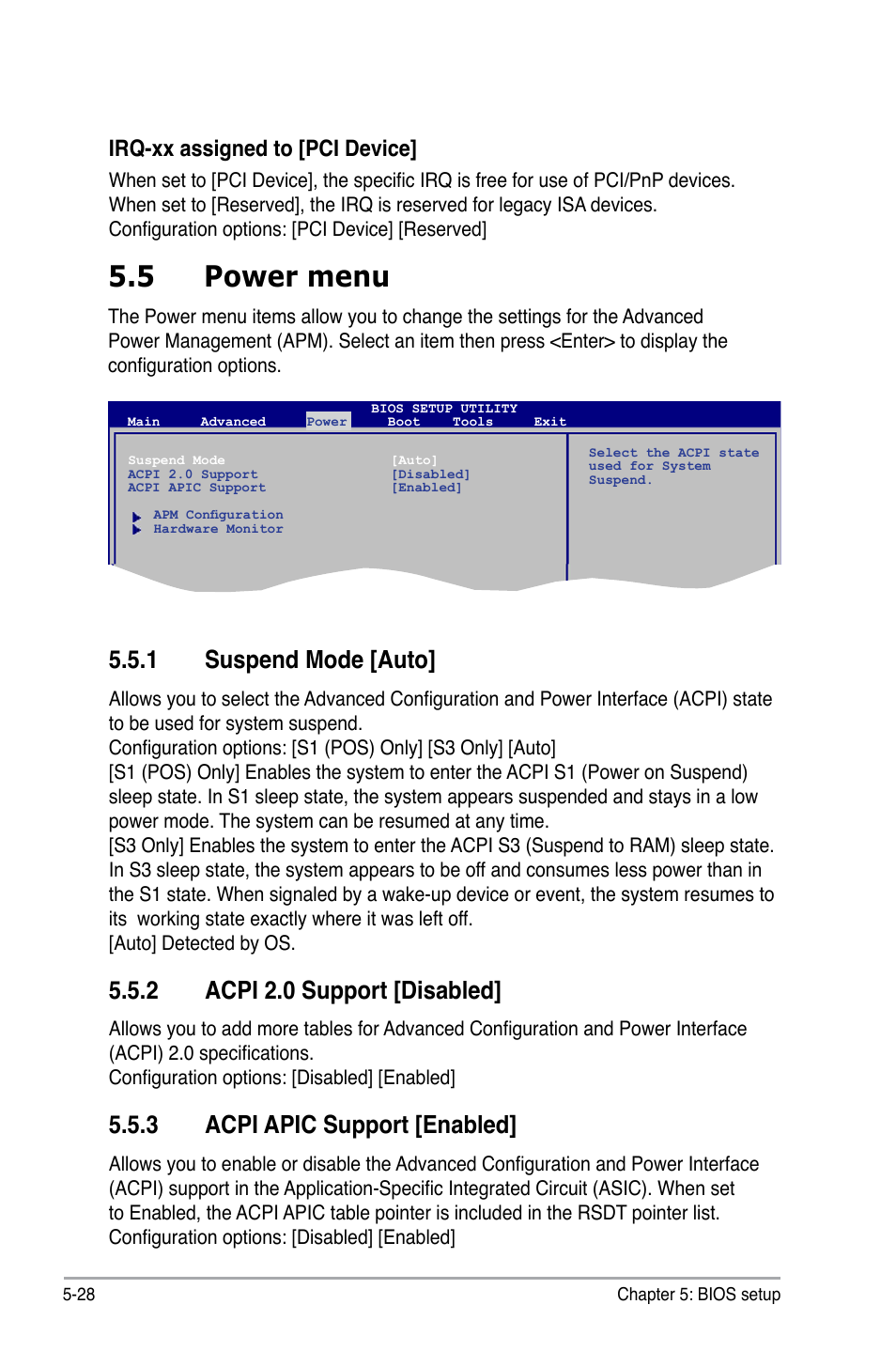 5 power menu, 1 suspend mode [auto, 2 acpi 2.0 support [disabled | 3 acpi apic support [enabled, Irq-xx assigned to [pci device | Asus P3-P5G31 User Manual | Page 92 / 100