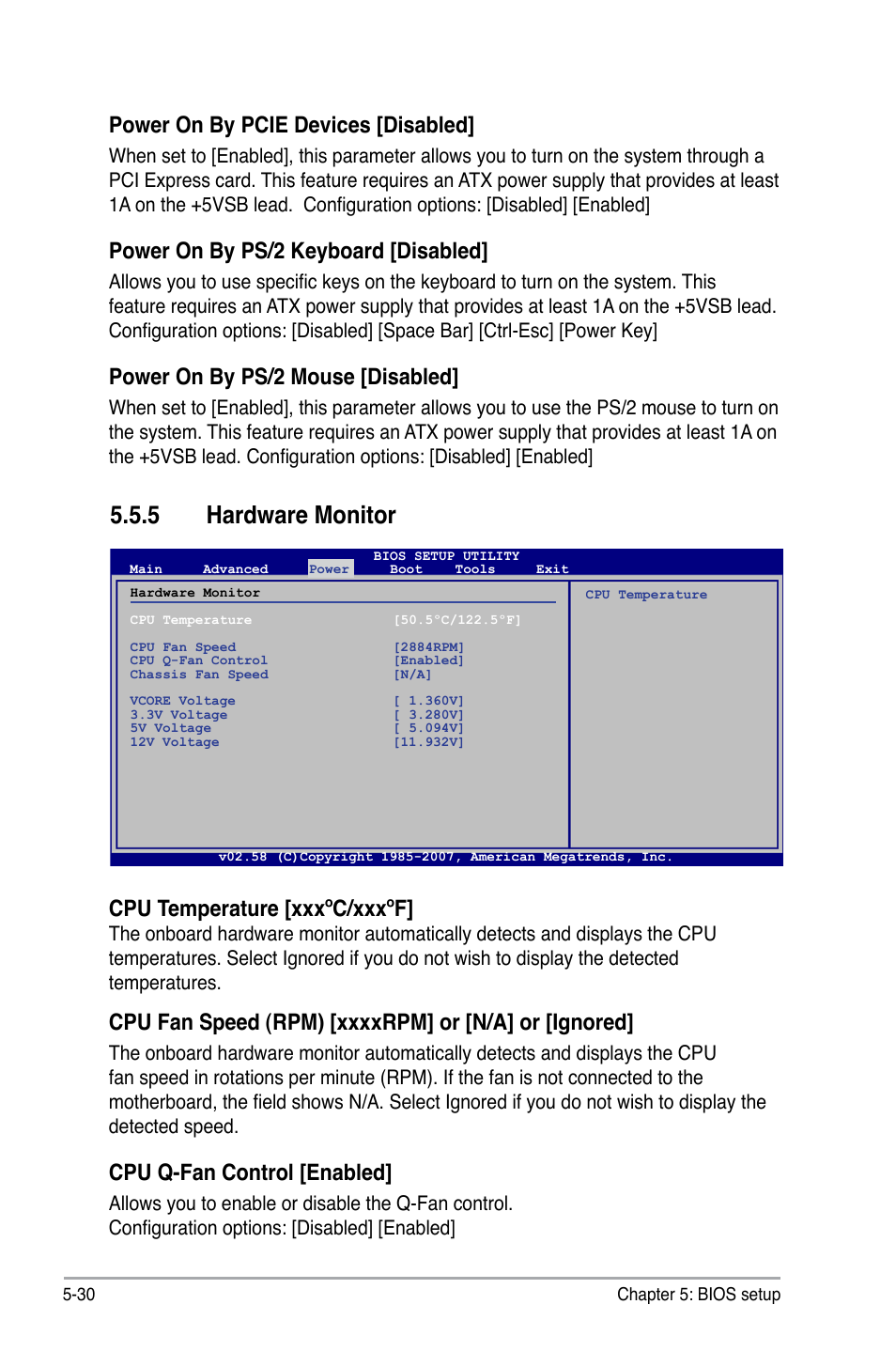 5 hardware monitor, Power on by pcie devices [disabled, Power on by ps/2 keyboard [disabled | Power on by ps/2 mouse [disabled, Cpu temperature [xxxºc/xxxºf, Cpu q-fan control [enabled | Asus P3-P5G31 User Manual | Page 94 / 100