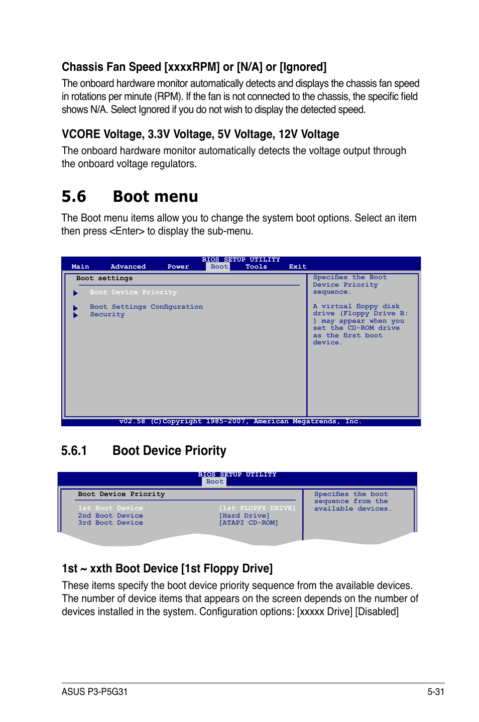 6 boot menu, 1 boot device priority, 1st ~ xxth boot device [1st floppy drive | Asus P3-P5G31 User Manual | Page 95 / 100