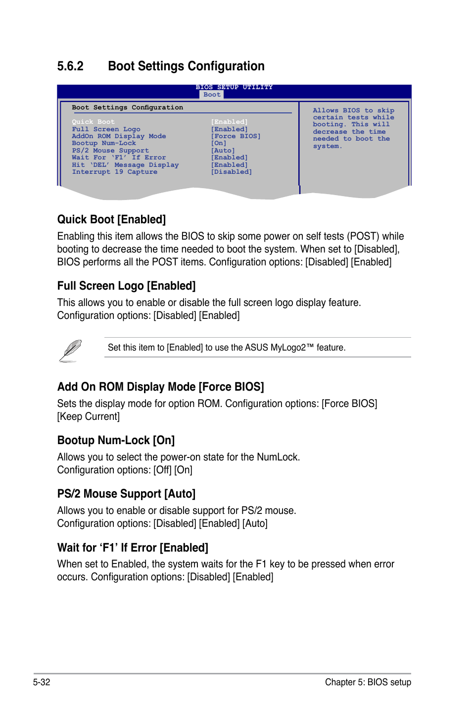 2 boot settings configuration, Quick boot [enabled, Full screen logo [enabled | Add on rom display mode [force bios, Bootup num-lock [on, Ps/2 mouse support [auto, Wait for ‘f1’ if error [enabled | Asus P3-P5G31 User Manual | Page 96 / 100